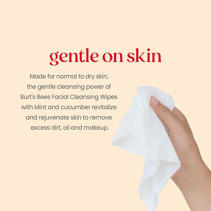Burt's Bees Cucumber and Mint Face Wipes, Refreshing Makeup Remover and Facial Cleansing Towelettes, 99 Percent Natural Origin, Remove Makeup, Cleanse, All Skin Types, 30 ct., Three Pack