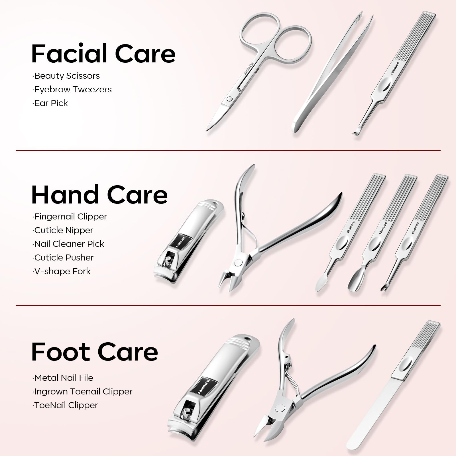FAMILIFE Manicure Set Professional Manicure Kit Nail Kit - 11PCS Gifts for Her Nail Clippers for Women Stainless Steel Pedicure Sets Pink Leather Case