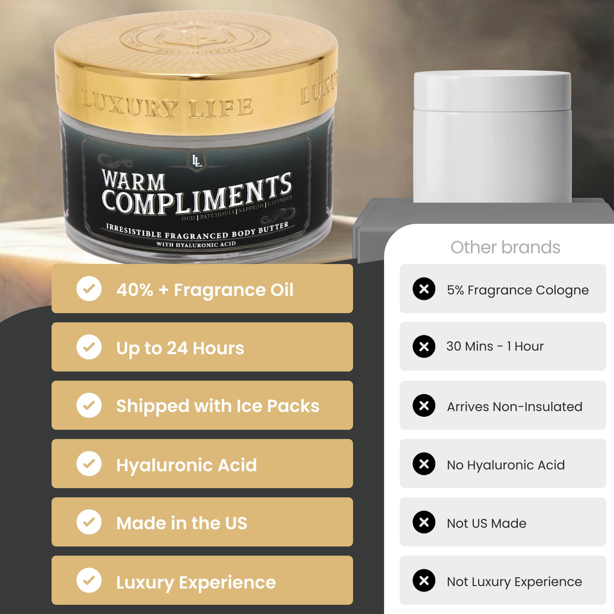 LUXURY LIFE BUTTER - 40% Extrait de Parfum Fragranced Body Butter with Hyaluronic Acid for Ultimate Moisture - Luxurious Room-Filling Natural Fragrances - Non-Greasy, USA Made, Warm Compliments, 5 oz