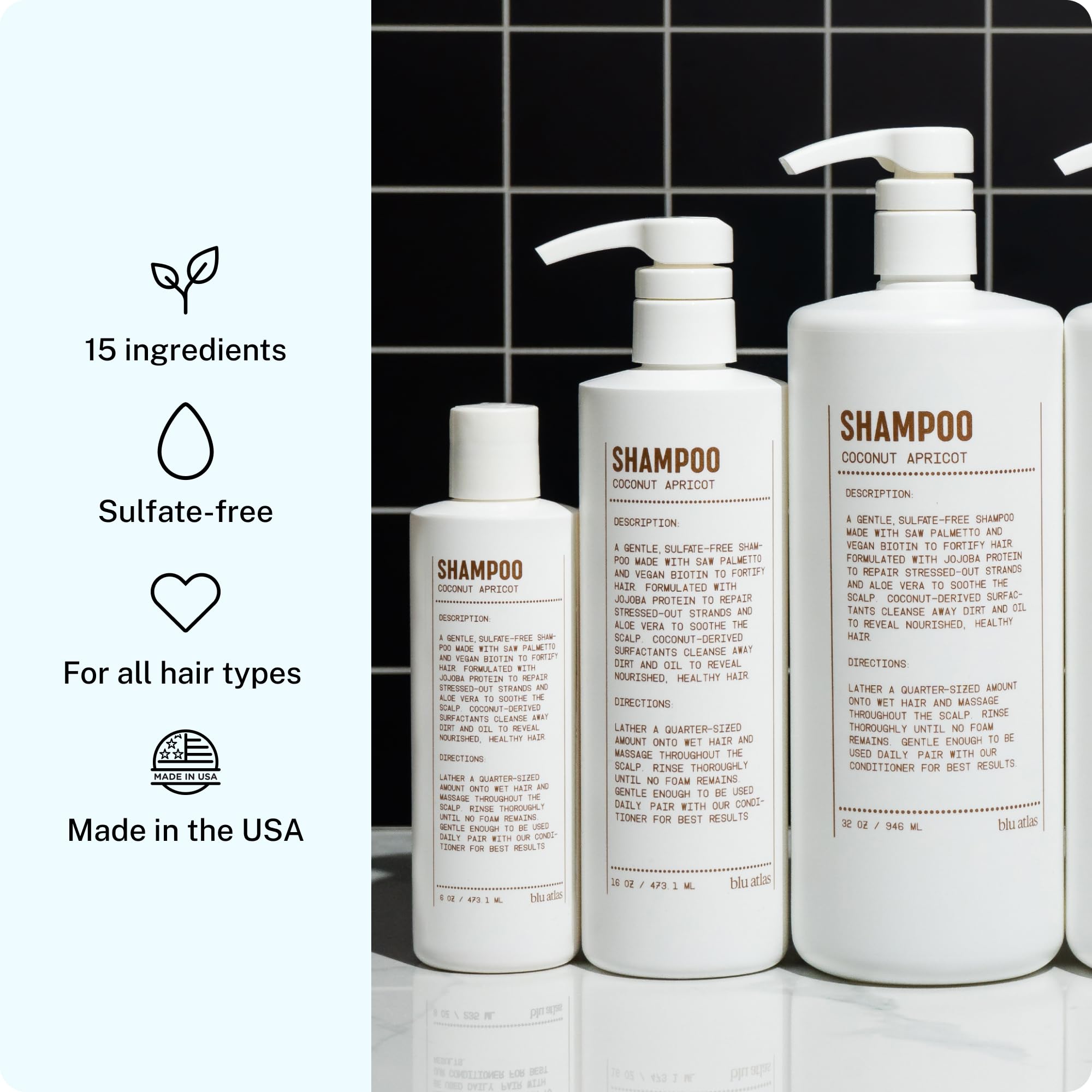 Blu Atlas Natural Shampoo for Men — Sulfate-Free for All Hair Types, 15 Ingredients, No Filler, Helps with Dandruff and Dry Scalp — Coconut Apricot Scent, 32 oz