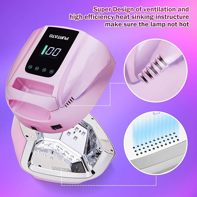 PURTATO Professional Rechargeable 96W UV LED Portable Cordless UV Light for Nail Lamp Machine with Removable Stainless Steel Bottom,4 Timer Setting and Smart Sensor Nail Dryer (Plating Pink)