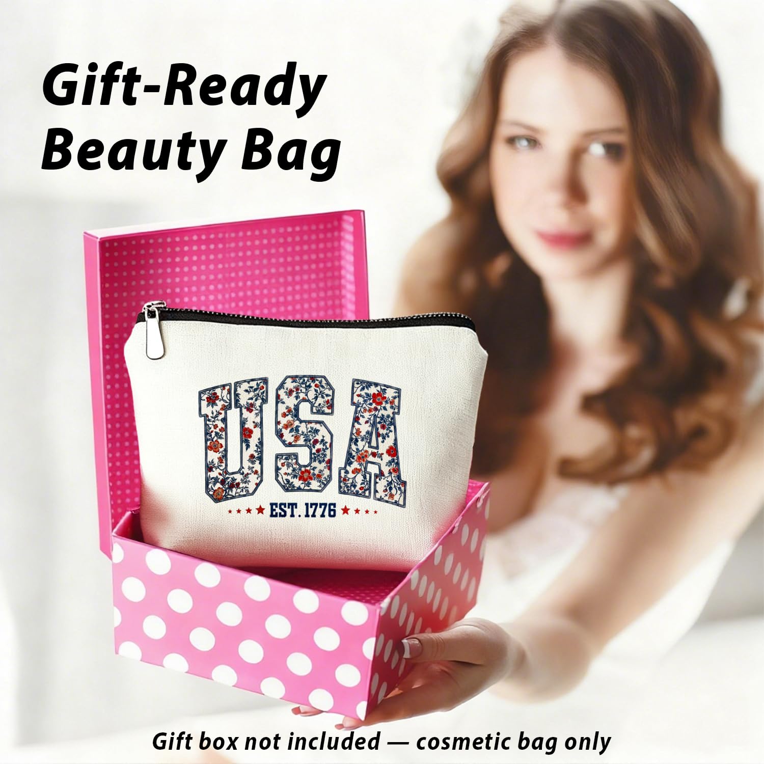 LIANGW Retro Floral USA 4th of July Makeup Bag, America Patriotic Cosmetic Bags for Women, Red White and Blue USA Toiletry Bag for Women, cosmetic bag, makeup case