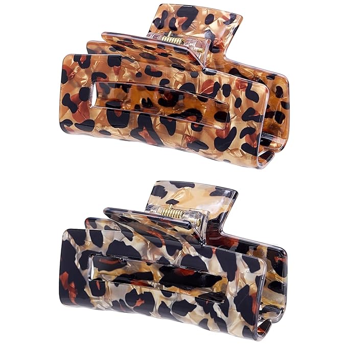 Textention Tortoise Hair Claw Clips, 3 Inch Non-Slip Acrylic Banana Barrettes Jaw Clips, Leopard Print Strong Hold Stylish Hair Accessories for Women Ladies Thin Thick Hair (2pcs)