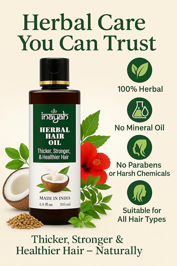 Inayah Ayurvedic Oil | With Coconut Oil, Bhringraj, Amla, Hibiscus & 30+ Natural Herbs | Supports Hair Growth | For Hair Fall Concerns | Postpartum Hair Care | 200ml