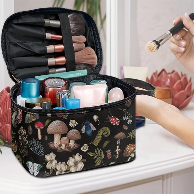 Drydeepin Dark Cottagecore Forest Mystical Moss Mushroom Print Makeup Travel Bag Portable Cosmetic Bags with Handle Travel Accessories Large Toiletry Bags for Traveling Women Organizer and Storage