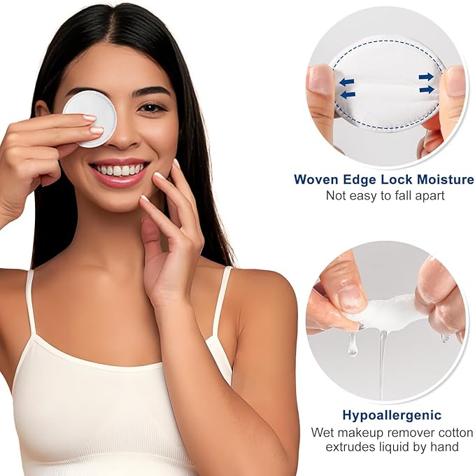Cotton Rounds for Facial Cleansing and Nail Polish Removal (300count) - 100 Count, Pack of 3,100% Pure Cotton, Hypoallergenic Makeup Remover Pads, Lint-Free Multi-Layer Design