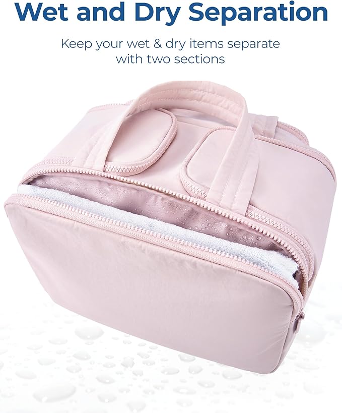 BAGSMART Travel Toiletry Bag, Crush Toiletry Bag for Women, Wide-open Puffy Toiletry Bags for Traveling, Large Travel Cosmetic Makeup Bag Organizer for Accessories,Toiletrie, Pink