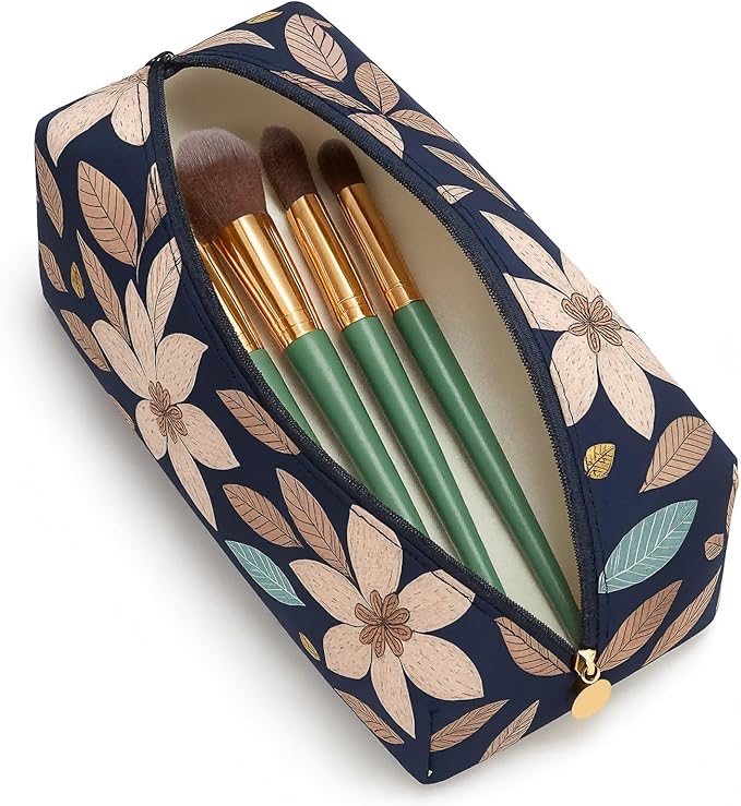 OIMEI Floral Quilted Cotton Makeup Bag for Women, Large Capacity Travel Cosmetic Pouch with Zipper, Cute Toiletry & Brush Organizer, Kawaii Makeup Storage Case – Navy Big Floral