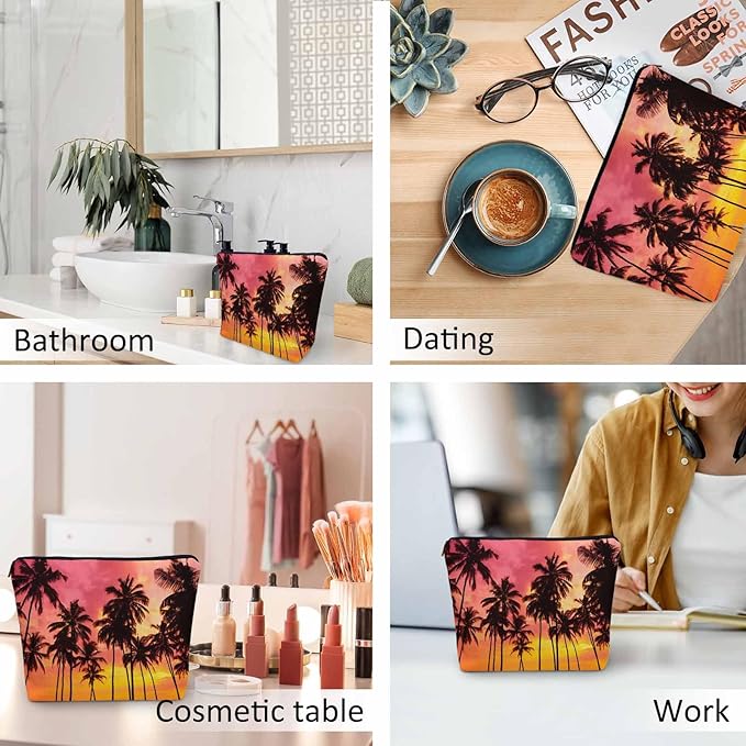 Kalygon Tropical Beach Makeup Bags Makeup Organizer, Hawaii Ocean Beach Palm Trees Sunset Flax Toiletry Bags Travel Cosmetic Bag Makeup Purse Pouch Skincare Bag Wallet Bags For Women Female Mom