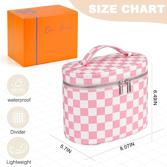 UUYUUY Makeup Bag Vanity Case Cosmetic Bag with Removable Divider Travel Toiletry Bag for Women Portable Make up Box Organizer, Pink and White