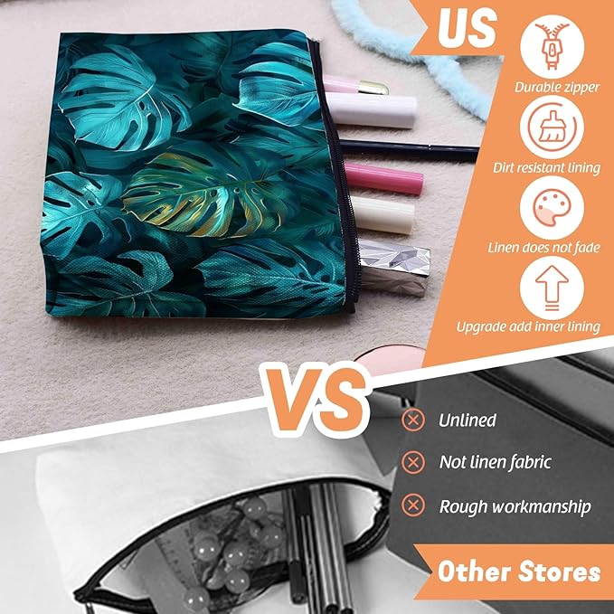 Scribesense Cosmetic Bags Travel Makeup Toilet Case Waterproof Pouch for Women Girls 6.7X9.45inches - Tropical Monstera Leaves in A Deep Teal Hue