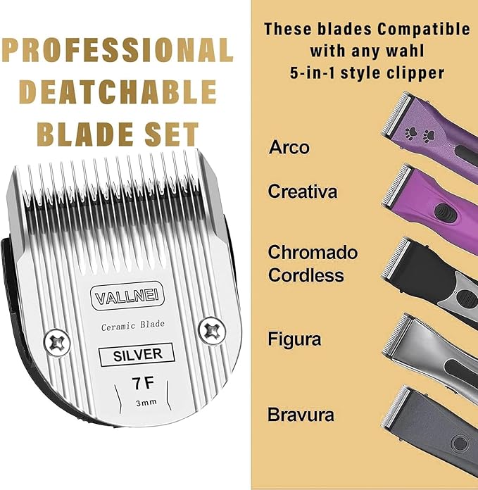 VALLNEI 5-in-1 Replacement Clipper Blade, Detachable & Adjustable Dog Grooming Blade Compatible with Wahl Arco, Bravura, Chromado, Creativa, Figura, Motion & SuperGroom (7F (2 Pack))