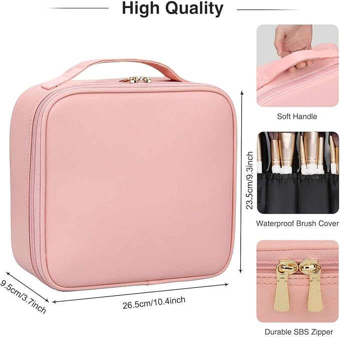 Bvser Travel Makeup Case, PU Leather Portable Organizer Makeup Train Case Makeup Bag Cosmetic Case with Adjustable Dividers for Cosmetics Makeup Brushes Women (Pink)