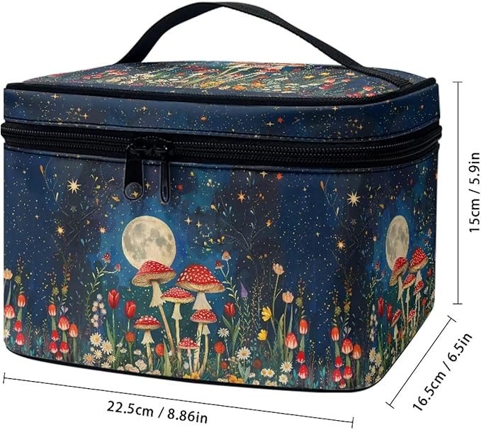 Drydeepin Vintage Mushroom Moon Starry Night Print Makeup Bag for Women Ladies Portable Cosmetic Bag with Zipper and Carry Handle Make Up Tote Bags Toiletry Case Organizer