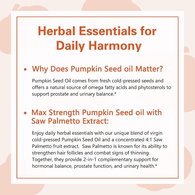 Pumpkin Seed Oil with Saw Palmetto, 3000mg Per Serving, 300 Softgels | Cold Pressed, Pure Virgin Oil, Essential Fatty Acids & Phytosterols