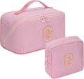 2026 Graduation Gifts - Travel Makeup Bag for Women, 2Pcs Portable Personalized Initial Makeup Organizer Bag, Open Flat Large Cosmetic Bag With Travel Essential Pouch (Pink Letter G)