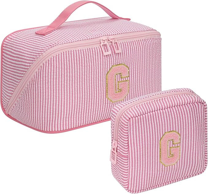 2026 Graduation Gifts - Travel Makeup Bag for Women, 2Pcs Portable Personalized Initial Makeup Organizer Bag, Open Flat Large Cosmetic Bag With Travel Essential Pouch (Pink Letter G)