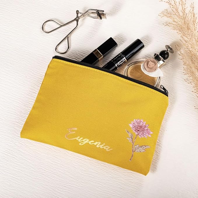BYFDIY Custom Name Makeup Bag Personalized Name Birth Flower Small Cosmetic Bag Birthday Gifts For Women Mother Bridesmaid Size 7.9×5.5INCH