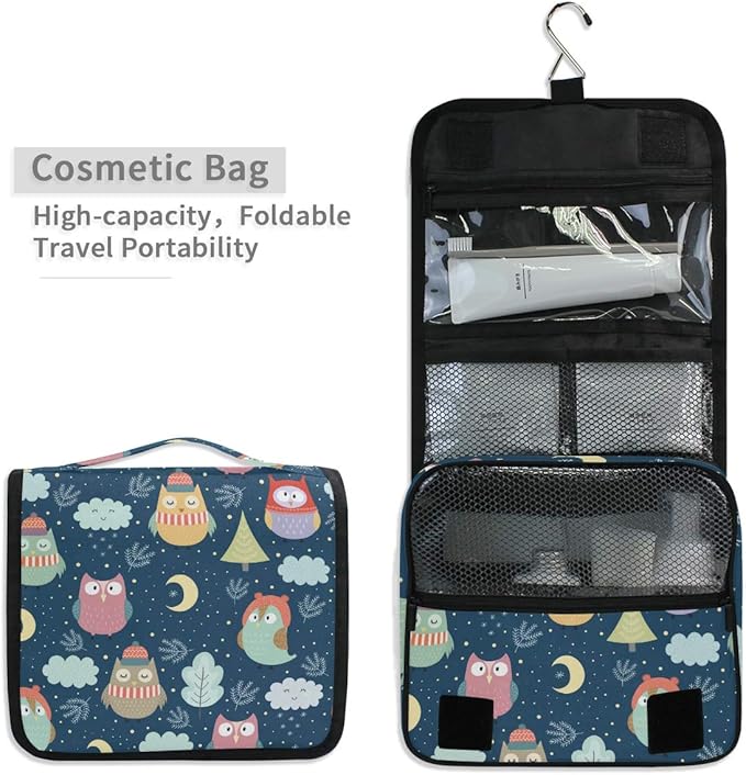 senya Hanging Travel Toiletry Bag Kit Makeup Case Cosmetics Organizer for Men Women (Owl Moon Cloud Night)