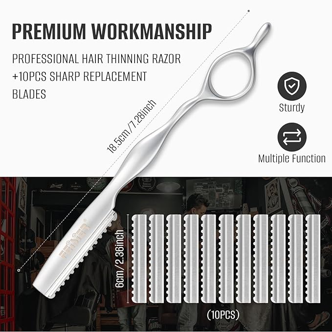 FEISIER Stainless Steel Hair Thinning Styling Razors for Cutting Hair, Texturizing Cutting Razor for Salon and Home,10 PCS Sharp Blades Included