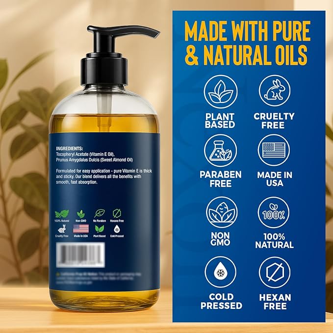 Pure Vitamin E Oil for Skin 30,000 IU, 8 fl oz - Cold-Pressed & Hexane Free