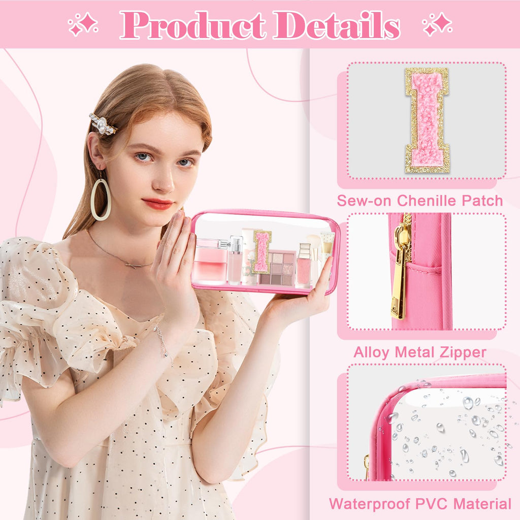 Personalized Initial Letter Clear Makeup Bag,Preppy Small Nylon&PVC Cosmetic Zipper Bag with Chenille Letter,Portable Beach Travel Skincare Toiletry Bag,Trendy Monogram Gift for Teen Girls Women,I