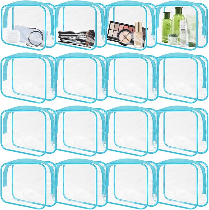 GONITYOU 16 Pieces Clear Makeup Bags Bulk, TSA Approved Toiletry Bags Travel Pouch, Waterproof PVC Plastic Small Clear Cosmetic Bags with Zipper for Organizing (Blue Border)