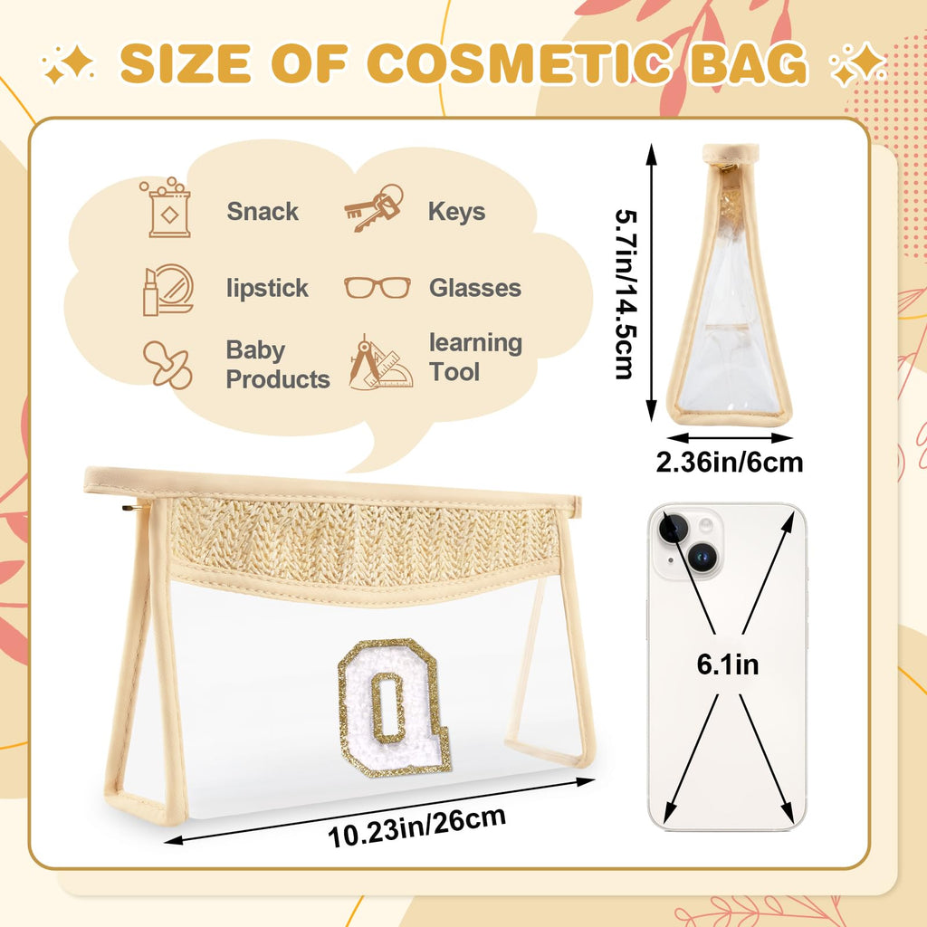UIXIZQ Personalized Initial Letter Bag Boho Straw Clear Makeup Bag,Small Cute Chenille Varsity Letter Pouch With Zipper,Beach Travel Toiletry,Portable Monogrammed Cosmetic Bag for Women Girls,Q