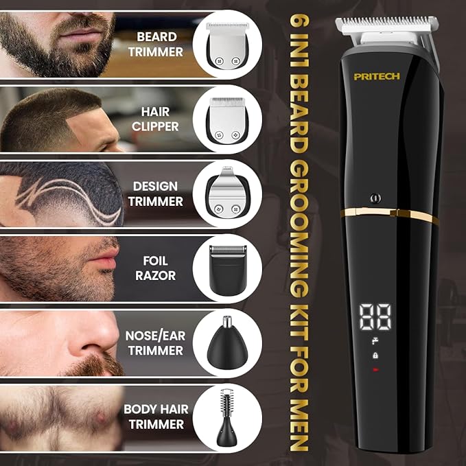 PRITECH Men's Grooming Kit, 6-in-1 Beard Trimmer & Hair Clipper, Cordless