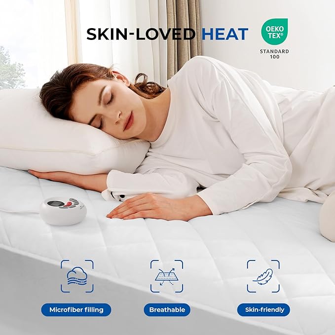 Heated Mattress Pad Queen Size Quilted Zone Heating Electric Bed Warmer Luxury Comfort Heat Mattress Pad Cover Dual Controller（10 Heat Setting | 1-12 Hours Auto Shut Off | with 8-21 Inch Deep Pocket）