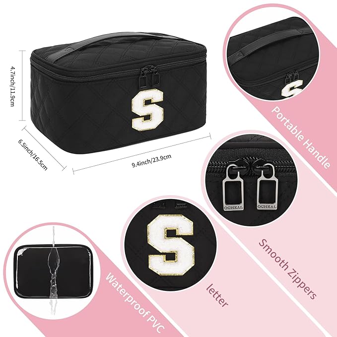 OCHEAL Makeup Bag for Women, Monogram Cosmetic Bag Black Travel Makeup Case Beauty Toiletry Bag Organizer Personalized Gifts for Girls Bridesmaid, Sister, Wife, Friends Initial S