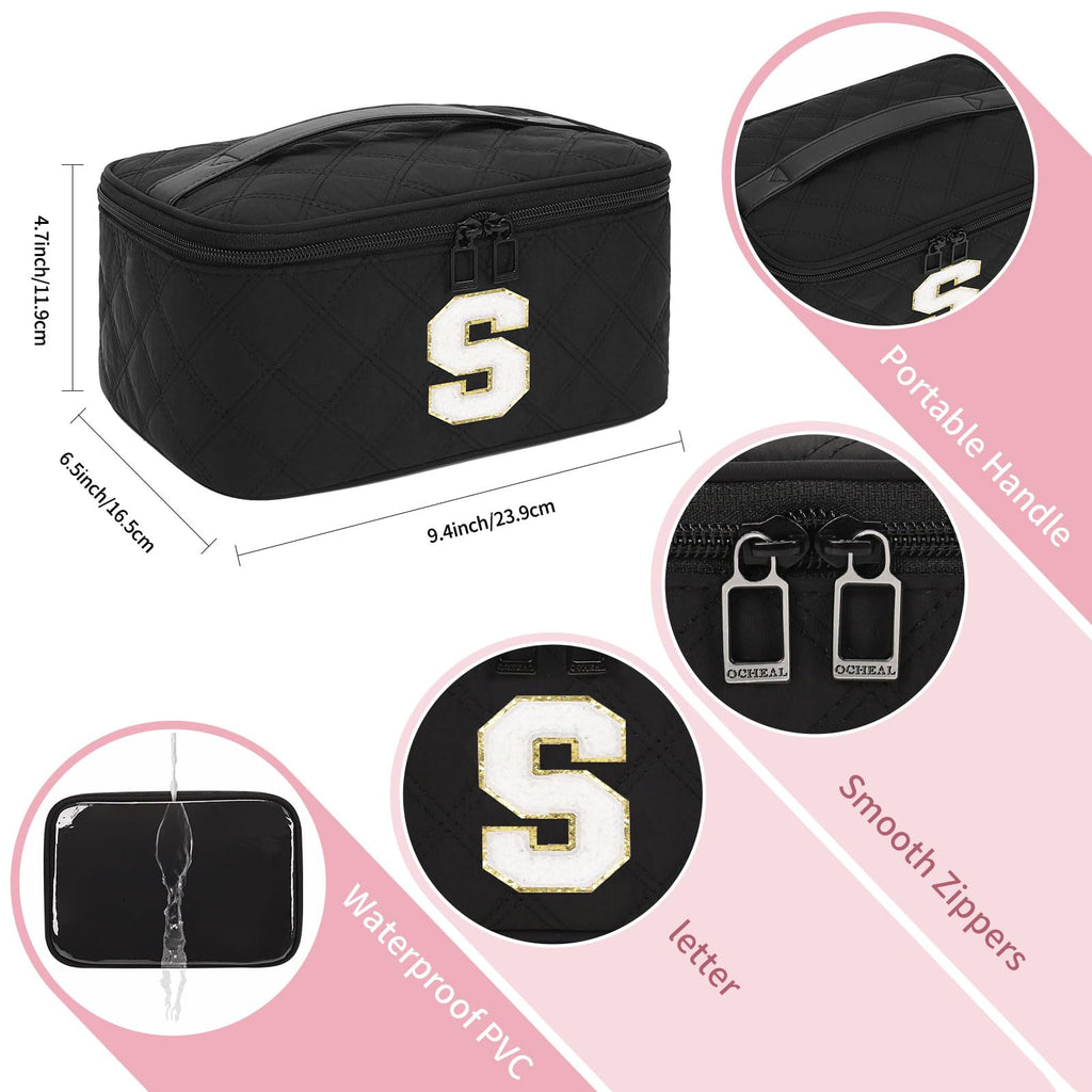 OCHEAL Makeup Bag for Women, Monogram Cosmetic Bag Black Travel Makeup Case Beauty Toiletry Bag Organizer Personalized Gifts for Girls Bridesmaid, Sister, Wife, Friends Initial S