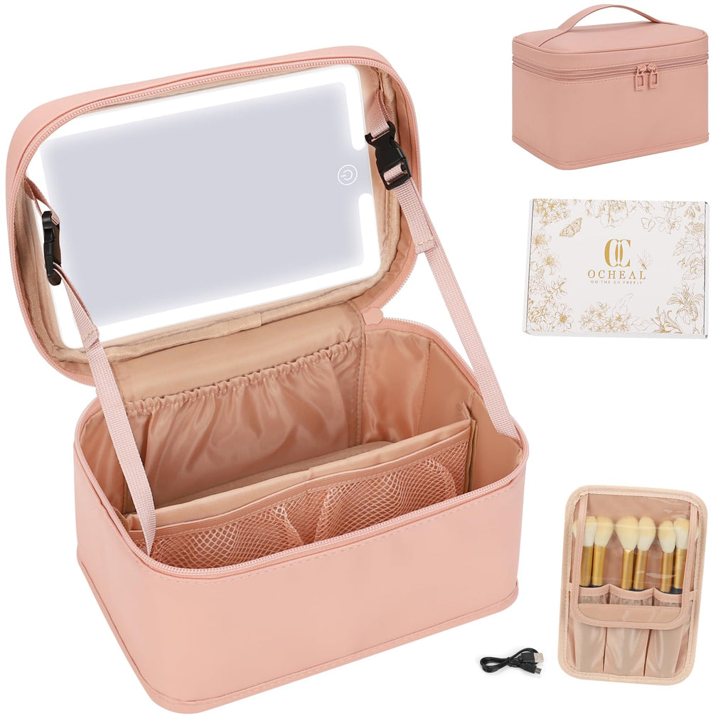 Makeup Bag With LED Mirror, Lightweight Travel Makeup Bag With 3 Color Setting Light Up Mirror Cosmetic Makeup Organizer Vanity Case for Women Beauty Tools Accessories Rechargeable Train Case-Pink