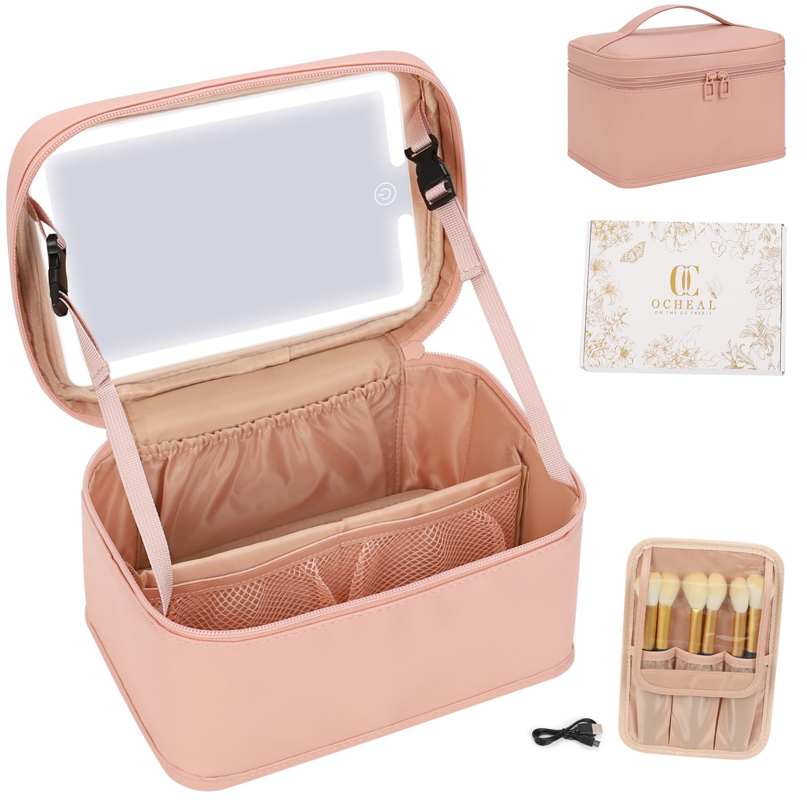 Makeup Bag With LED Mirror, Lightweight Travel Makeup Bag With 3 Color Setting Light Up Mirror Cosmetic Makeup Organizer Vanity Case for Women Beauty Tools Accessories Rechargeable Train Case-Pink