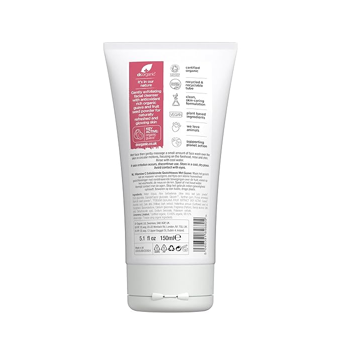 Dr. Organic Vitamin C Exfoliating Face Wash | Illuminating & Brightening for Dry Skin, Rich in Vitamin C, Certified Organic, Paraben & SLS-Free, Cruelty-Free, Natural, Vegan, 150 mL / 5 fl oz