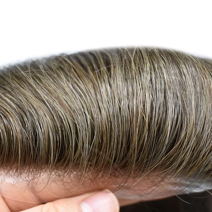 F M FACE MIRACLE NEW YORK French Lace Mens Toupee Hairpieces Soft Human Hair Replacement System Natural Hairline Toupee for Men Lace Center with Poly V-Looped Man hair Units 8"X10" 4# MEDIUM BROWN
