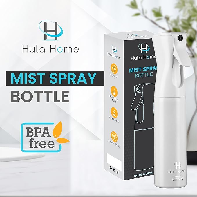 Hula Home Spray Bottle for Hair (10.1oz/300ml) - Continuous Ultra Fine Mist Sprayer – For Hairstyling, Cleaning, Salons, Plants, Essential Oil - All White