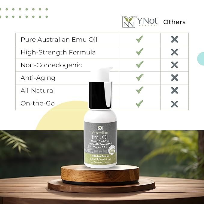 Y Not Natural Australian Emu Oil with Vitamin E & C - 50mL Skin Brightener Serum for Face & Body to Reduce Visible Signs of Aging, Spots & Sun Damage - Antioxidant w/Omega 3 6 9 & Essential Oils