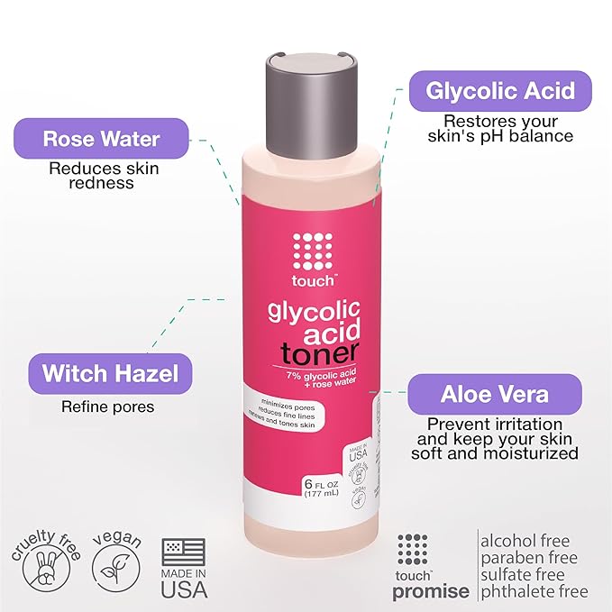 TOUCH Glycolic Acid Toner with Rose Water & Witch Hazel, 6 oz