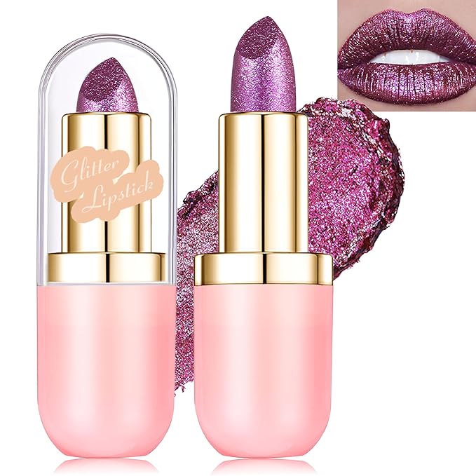 Wugbc Glitter Lipstick Makeup, Rose Purple Holographic Metallic Lip Stick Long Lasting Lightweight Non-Sticky Hydrating Lip Tinted Full Coverage High-Shine Sparkling Chameleon Lipstick for Women