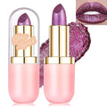 Wugbc Glitter Lipstick Makeup, Rose Purple Holographic Metallic Lip Stick Long Lasting Lightweight Non-Sticky Hydrating Lip Tinted Full Coverage High-Shine Sparkling Chameleon Lipstick for Women