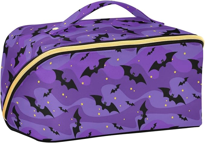 MNSRUU Makeup Organizer Bag, Halloween Black Bats Night Sky with Stars Travel Makeup Bags Makeup Vanity Case Large Capacity Rhombus Cosmetic Toiletry Bag for Girl Women Ladies