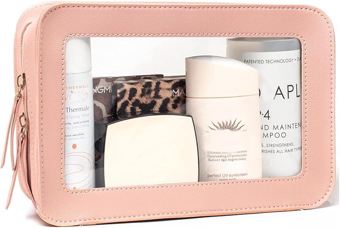 FFpaw Clear Makeup Bag, Pink Travel Makeup Pouch Toiletry Bag for Women Waterproof Small Cosmetic Bag Case Small Make Up Bag with Zipper Car Organizer Car Essentials for Women Men