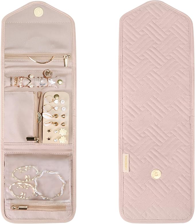 BAGSMART Travel Jewelry Organizer Case Foldable Jewelry Roll,Soft Pink