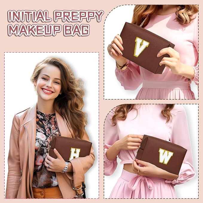 TOPEAST Gifts for Friends Female Mom, Cute Makeup Bag Small Pink Cosmetic Bag Travel Toiletry Bag, Personalized Birthday Gift for Women Girl, Preppy Travel Stuff for Girls (Brown C)
