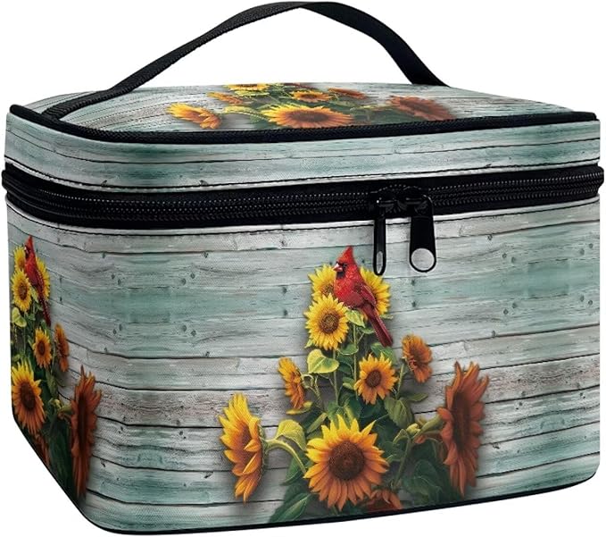 Drydeepin Cardinal Bird and Sunflower Print Travel Makeup Bags for Women Portable Tote Cosmetic Case with Carry Handle Toiletry Accessories Storage Organizer Bags