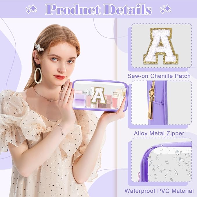 UIXIZQ Personalized Initial Letter Clear Makeup Bag,Preppy Small Nylon&PVC Cosmetic Zipper Bag with Chenille Letter,Travel Skincare Toiletry Bag,Monogram Christmas Gift for Teen Girls Women,A