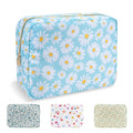 UIXIZQ Waterproof Large Floral Makeup Pouch,Nylon Travel Toiletry Storage Purse Preppy Cosmetic Bag for Women Girl,Large Capacity Makeup Organizer Zipper Pouch for Work(L Blue-Daisy)