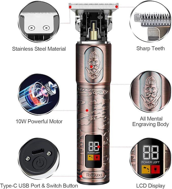 Suttik Ornate Hair Clippers for Men, Cordless Edgers Clippers Professional Hair & Beard Trimmer for Barber Pro Zero Gapped T-Blade Trimmer with LCD Display, Rose Gold