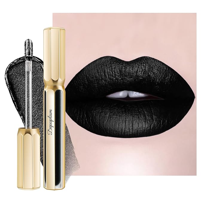Depuplum Black Lipsticks for Women Metallic Glitter Lipstick Long Lasting